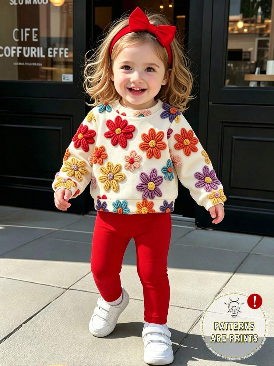 Autumn/Winter Infant & Toddler Girls Fresh Fashion Casual Daily Minimalist Colorful Embroidered Floral Pattern Basic Crew Neck Sweatshirt & Leggings Set - Multicolor - View 1