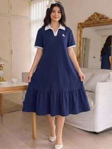 青少年女孩童裝海軍藍 Polo 領刺繡圖案荷葉邊休閒洋裝，校服風格，適合上學、戶外活動、購物、日常穿著 - 藏蓝色 - 查看 6