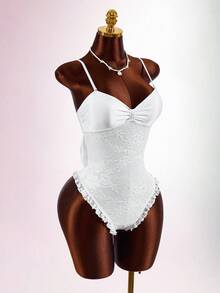 Amplova Women's One-Piece Bandeau Swimsuit With Lace, Sexy And Avant-Garde, Suitable For Vacation Wear, Tie-Front, Bow Back, Ruffled Hem, Night White Summer - White - View 6