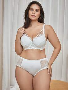 Bralution Solid Color Lace Comfortable Daily Underwire Molded Cup Support Fabric Patchwork Plus Size Lingerie Set Summer - White - View 4
