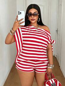 Mawevolt Plus Size Skin-Friendly Top & High-Waist A-Line Shorts Set, Slouchy Relaxed Loose Off-Shoulder Off-Shoulder European & American Hot Girl Style Red & White Striped Two Pieces Outfit - Red - View 5