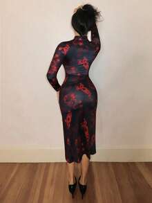 Mistrie Sexy Women's Hollow Front Stand Collar Button Faux Cheongsam High Slit Maxi Dress - Red and Black - View 7