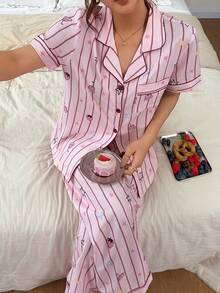 Napfluff Women's Standard Size Striped Star Cake Print Short Sleeve & Long Pants Pajama Set, Asian Cute Style, Suitable For Home And Outdoor Wear - Pink - View 4
