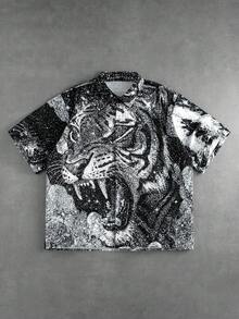 ROMWE MEN Street Life Men's Turn-Down Collar Tiger Print Digital Shirt - Black - View 7