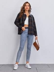 SHEIN LUNE Contrast Hooded Tartan Coat In Fall/Winter,Casual - Multicolor - View 3