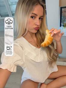 DAZY Women's Solid Color Petal Sleeve Top And Shorts Casual Daily Home Sleepwear Set - White - View 4