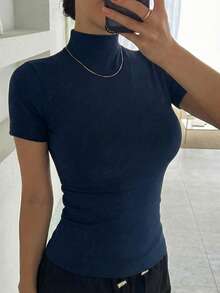 DAZY Women's Solid Color Turtleneck Fitted Undershirt - Navy Blue - View 4