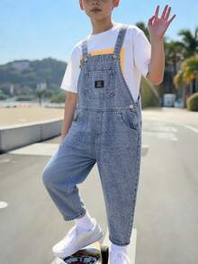 SHEIN Playful Pals 幼兒牛仔連身褲，中性款，四季皆宜，嬰兒藍復古色，休閒舒適風格，柔軟棉質，適合日常穿著、度假、上學 - 中等水洗藍 - 查看 3