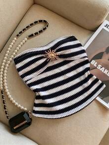 Franclia Women's Metal Sun Decor Striped Bandeau Top - Black and White - View 3