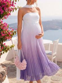 Loomaby Vestido elegante sin tirantes con degradado de color y bajo plisado para maternidad - Morado - Ver 9