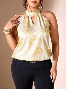 Cravure Women's Plus Size Gold Foil Floral Print Stand Collar Sleeveless Elegant Blouse - Apricot - View 8
