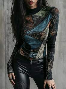 Trelyra Autumn Fitted Patchwork Print T-Shirt, Vintage Casual Top - Black - View 4