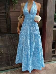 Sunnyshic Women's Pink Paisley Retro Pattern Deep V-Neck Hollow Out Ruched Design Sexy Backless Spring/Summer European & American Fashion Romantic Beach Vacation Long Dress - Sky Blue - View 4