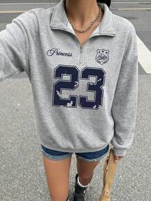 SHEIN EZwear 女士返校季复古图案23号，复古秋季假日宽松半拉链高领抓绒卫衣，适合秋冬季穿着 - 白色 - 查看 3