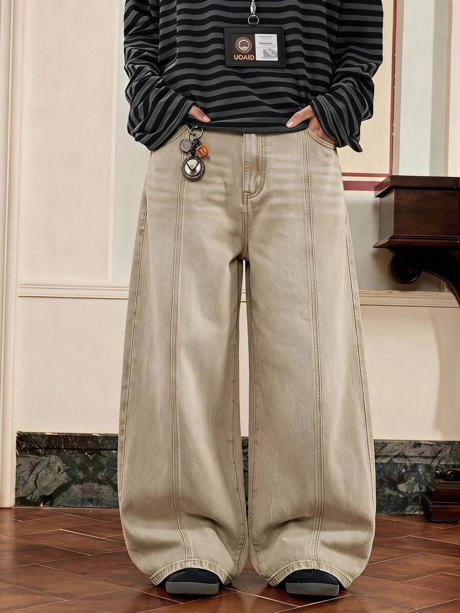 SWAVVY Men's Casual Washed Wide Leg Jeans - Khaki - View 1