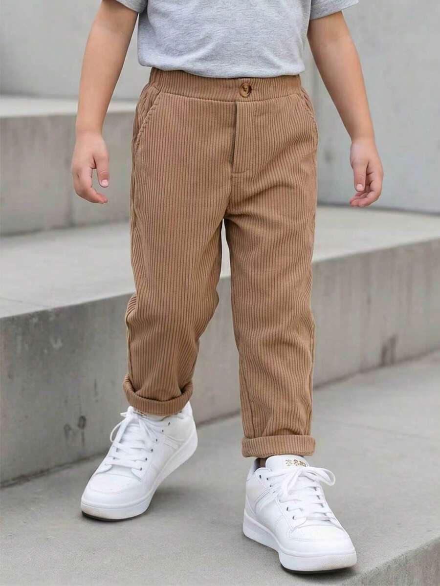 Souflis Young Boy Casual Comfortable Solid Color Corduroy Long Pants With One Button Decor And Faux Pockets, Simple Elastic Waist Design, Suitable For Daily Wear, Travel, Party, Holiday, Versatile Fashion Outfit - Brown - View 1