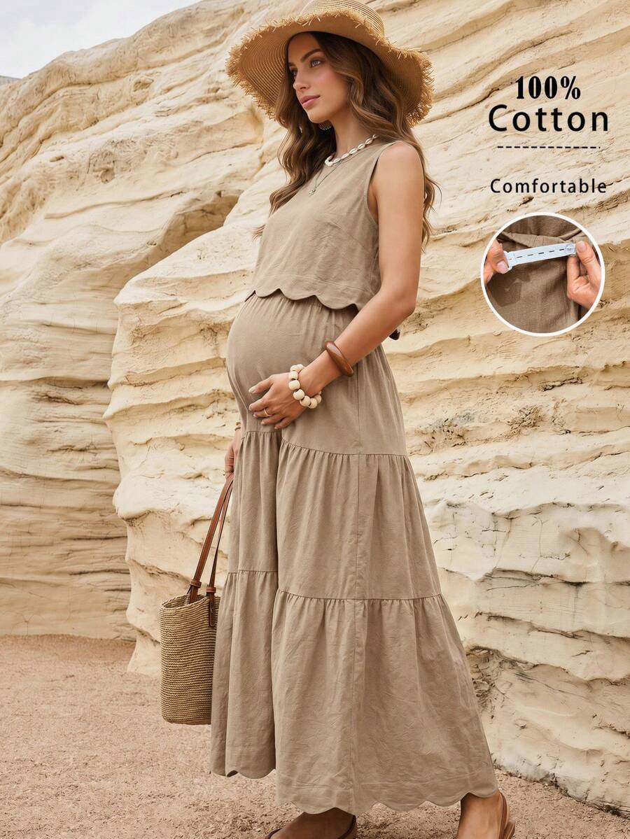 Boho Mama 孕婦純色圓領無袖上衣與可調節腰圍裙子休閒兩件套 - 卡其色 - 查看 1