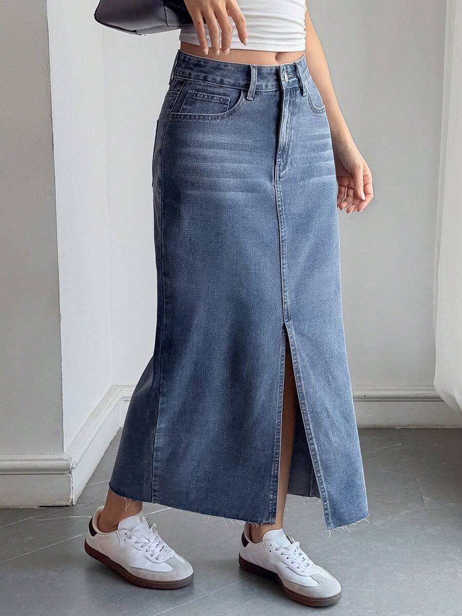DAZY Distressed Washed Split Hem Straight Long Skirt Casual Vacation Spring Autumn Women's Denim Skirt School - Blue - View 1