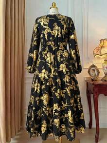 Rometta 大尺碼女款優雅針織彈性金箔花卉布料V領前綁帶長袖洋裝，適合派對與外出 - 金色 - 查看 7