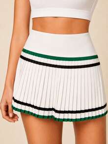 SHEIN BAE Women's Striped Pleated Casual Fitness Sports Skirt Shorts - Army Green - View 6