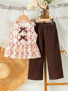 SHEIN Elladie kids 女童新款清新田園風精緻碎花兩件套，粉色蝴蝶結裝飾無袖背心上衣 + 粉色紋理布料寬腿長褲，甜美可愛時尚休閒套裝，夏季 - 棕色 - 查看 5