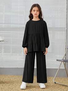 SHEIN 青少年女孩寬鬆優雅圓領A字長袖上衣與寬腿褲套裝，秋冬穿搭 - 黑色 - 查看 3
