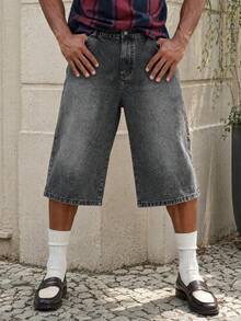 Manfinity EZcore Plus Size Men's Casual Washed Slant Pocket Denim Shorts, Summer - Light Grey - View 4