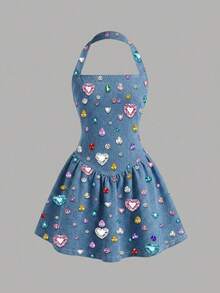 Kids Young Girl Kids Casual Fashion Colorful Rhinestone Decor Halter Neck A-Line Dress - Multicolor - View 9