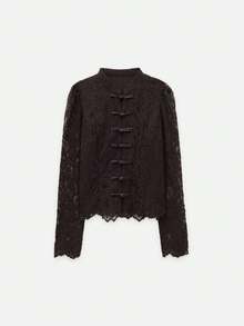 Nöista Brown, Chinese-Style Collar Lace Top, Silhouette, Elegance Casual. Spring Summer, Everyday Wear, Dates, Quintessential Example Chinese Style. - Green - View 8