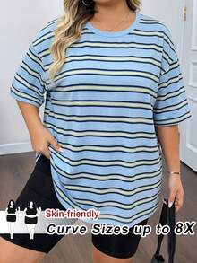 SHEIN CURVE+ Plus Size Camouflage Printed Round Neck Short Sleeved Casual Soft Form T-Shirt Summer 2026 22W Homewear Brunch Office Navy Blue - Blue - View 8