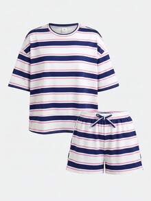 SHEIN 青少年女孩休閒日常時尚藍白配色側邊粉色編織帶寬鬆T恤短褲套裝 - 白色 - 查看 7