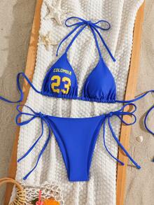 SHEIN Swim 夏季陽光海灘派對字母印花抓皺掛脖綁帶性感比基尼兩件式泳衣套裝 黃色水藍色 - 藍色 - 查看 1