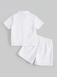 SHEIN 兒童 3 件套大童男孩紳士套裝 全白短袖 Polo 衫背心短褲長褲套裝 適合夏季生日派對 正式洗禮 婚禮 80 年代風 - 彩色 - 查看 5