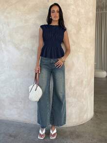 Aloruh 女款優雅圓領素色抓皺無袖米色上衣 - 藏蓝色 - 查看 3