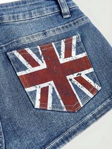 ROMWE Grunge Punk Y2K Hot Girl Style Vintage Washed Pocket Union Jack Print Ultra Low Waist Denim Shorts - Baby Blue - View 4