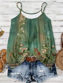 EMERY ROSE Busana Wanita dengan Motif Boho Elegan, Motif Bunga Hijau Sage, Dicetak pada Kaos Model Rompi Bergaya Musim Panas. Liburan - MultiWarna - View 3