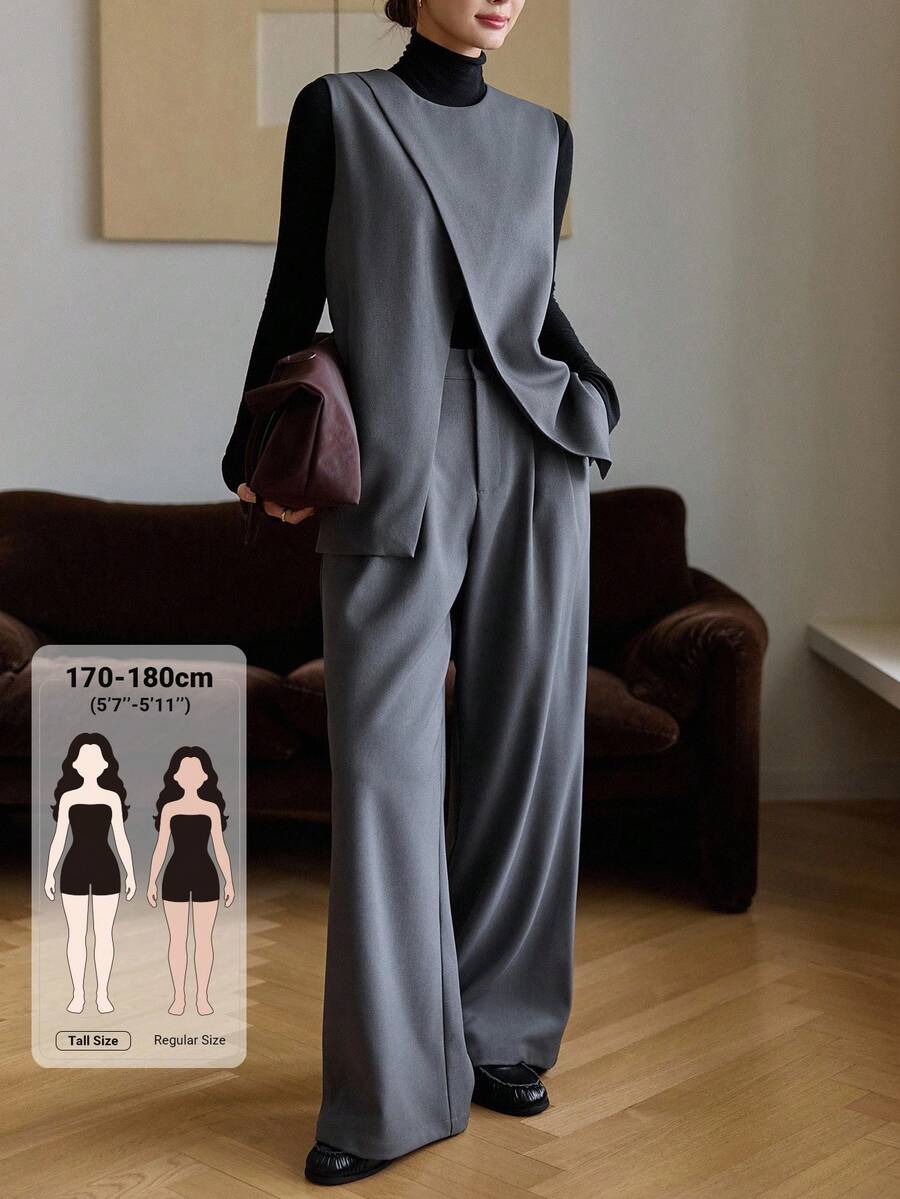 Dazy Tall Women's Round Neck Split Hem Tank Top And Loose Long Pants Casual 2 Pieces Set - Grey - View 1