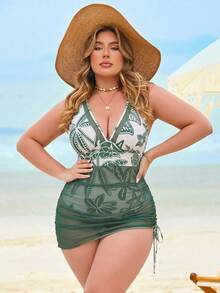 SHEIN Swim Black Mesh Patchwork One-Piece Adjustable Plus Size Dress - Green - View 5