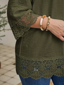 Rosumi Women's Plus Size Lace Patchwork 3/4 Sleeve Open Front Jacket Fall - Army Green - View 5