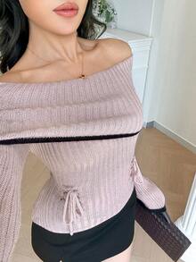 Modelyn 女款綁帶喇叭袖露肩拼接色毛衣 - 粉色 - 查看 6