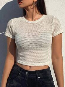 DAZY Solid Sheer Crop Top Going Out Tops - Beige - View 9