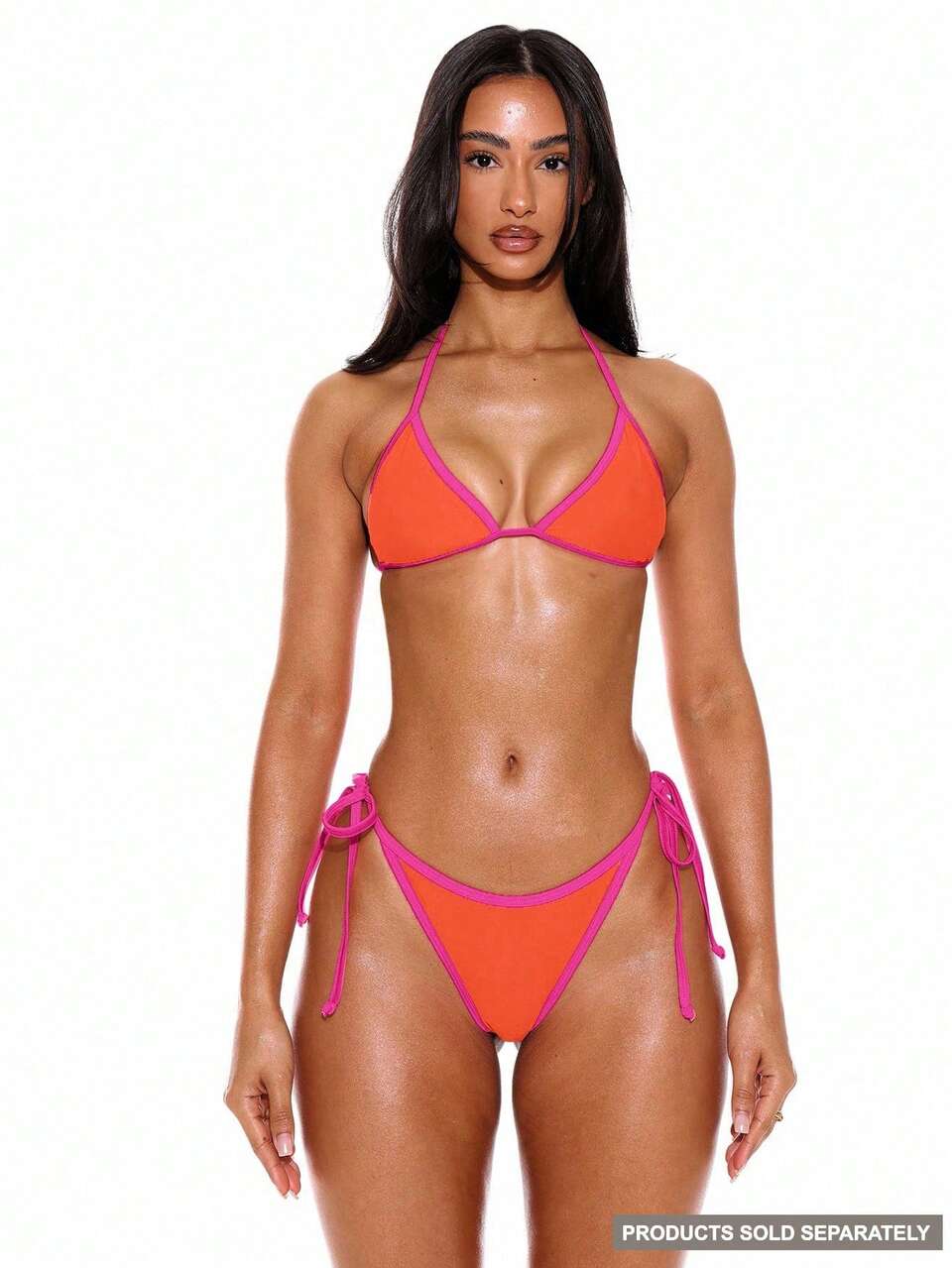 Orange Halterneck Contrast Trim Triangle Bikini Top