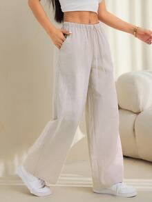 SHEIN PETITE 女款純色腰綁帶口袋長褲，舒適，適合春、夏、秋、冬 - 彩色 - 查看 5