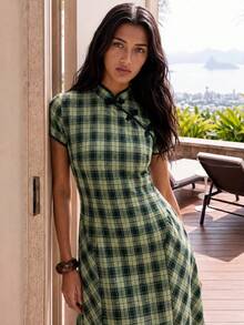 Nöista Women's Fashion Elegant Frog Button Plaid Short Sleeve Dress - Dark Green - View 5
