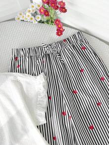 SHEIN 兒童青少年女孩休閒針織提花插肩袖拼接荷葉邊飾T恤與條紋愛心長褲兩件套，休閒學院風通勤穿搭 - 白色 - 查看 5