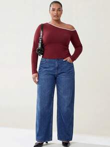Solavibe Plus Size Spring/Autumn Casual Simple Normal Asymmetrical Collar Long Sleeve T-Shirt Dates Fashion Week Vacation Burgundy - Burgundy - View 8