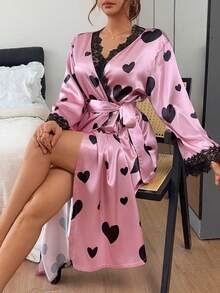 Napfluff Jubah Lengan Panjang Berenda Motif Hati dengan Ikat Pinggang - Coral Pink - View 6