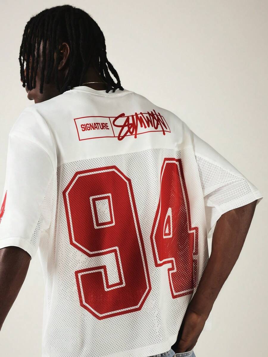 SUMWON 男士寬鬆版足球球衣 T-shirt,94號號碼、網眼拼接、V領短袖街頭風上衣 - 白色 - 查看 1