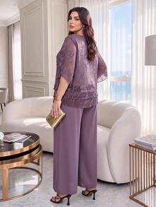 Auveirra Setelan 2 Potong Wanita Ukuran Besar Motif Bunga Lengan 3/4 dan Celana Panjang Lebar, Elegan untuk Musim Panas - Purple - View 2