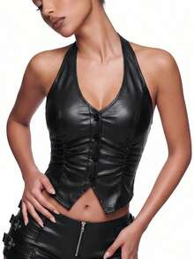 SHEIN ICON Top de corsé negro de PU halter, sin espalda y con botones delanteros - Negro - Ver 2